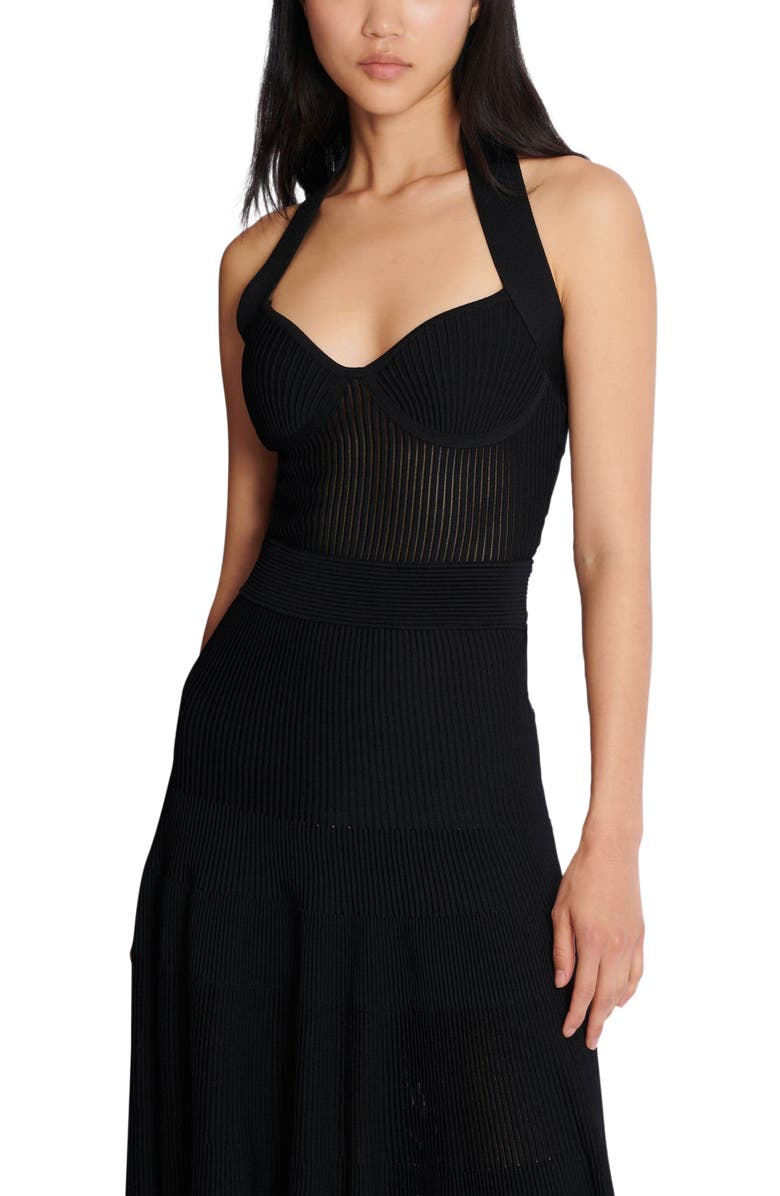 Balmain Halterneck pleated knit midi dress, Alternate, color, Black