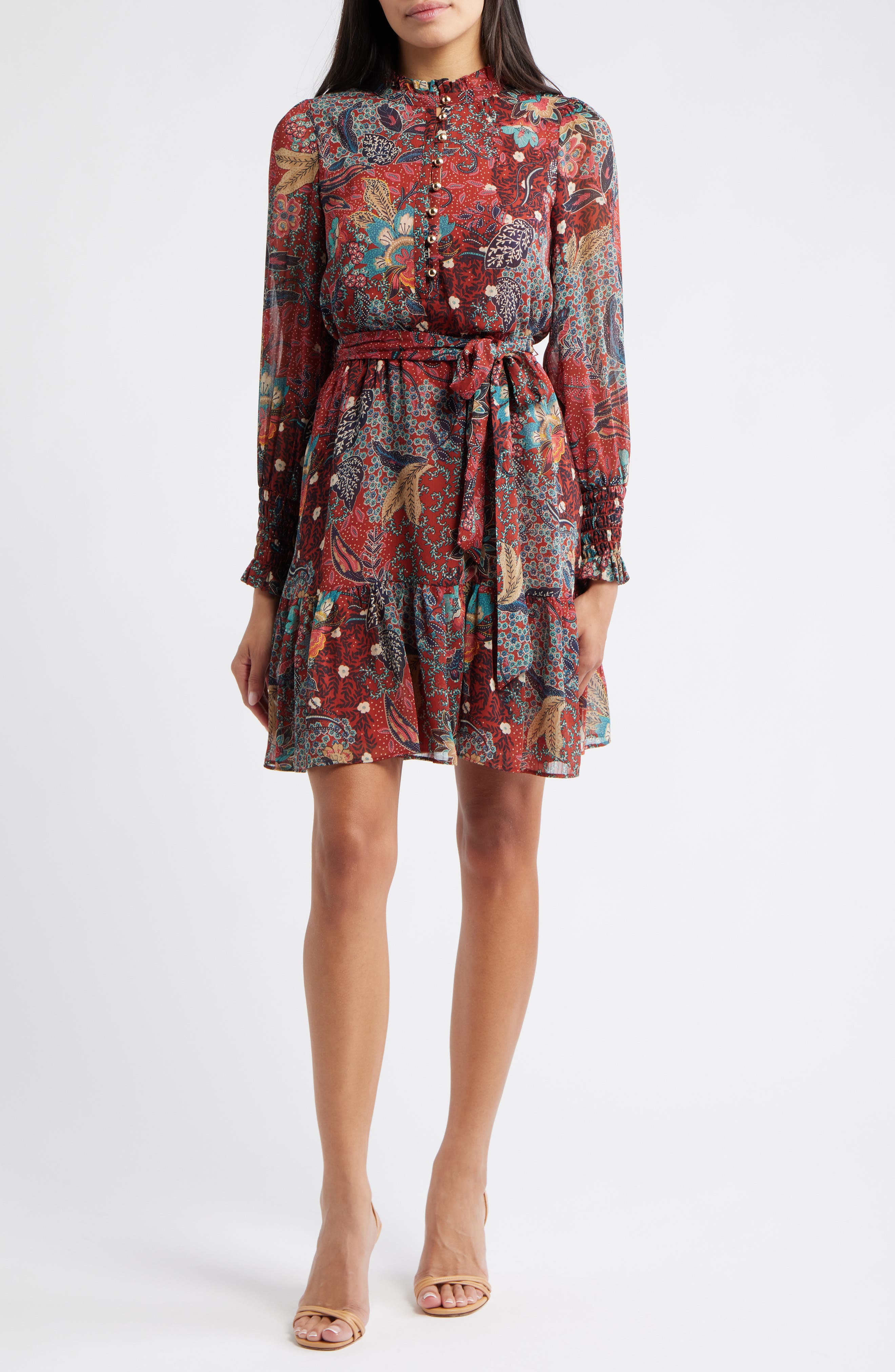 Floral Long Sleeve Chiffon Fit & Flare Dress
