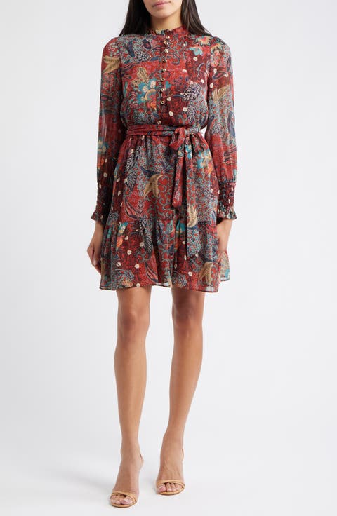 Floral Long Sleeve Chiffon Fit & Flare Dress