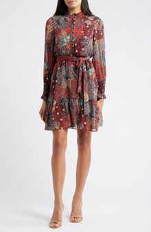 Floral Long Sleeve Chiffon Fit & Flare Dress