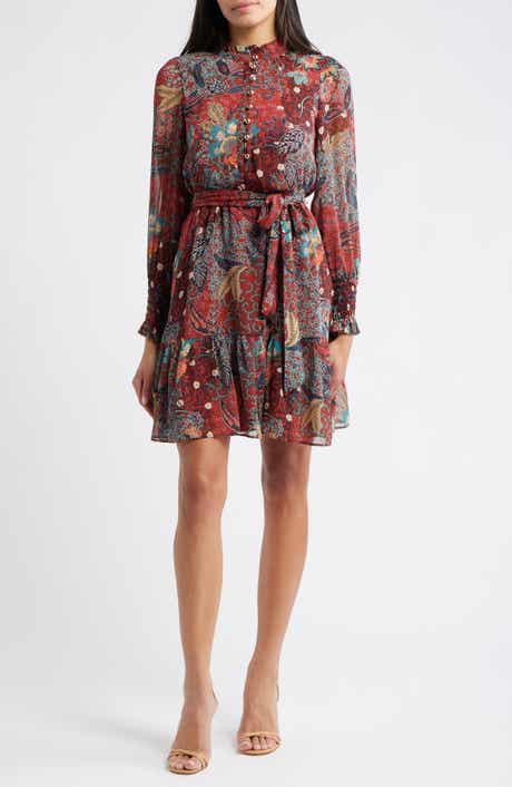 Floral Long Sleeve Chiffon Fit & Flare Dress