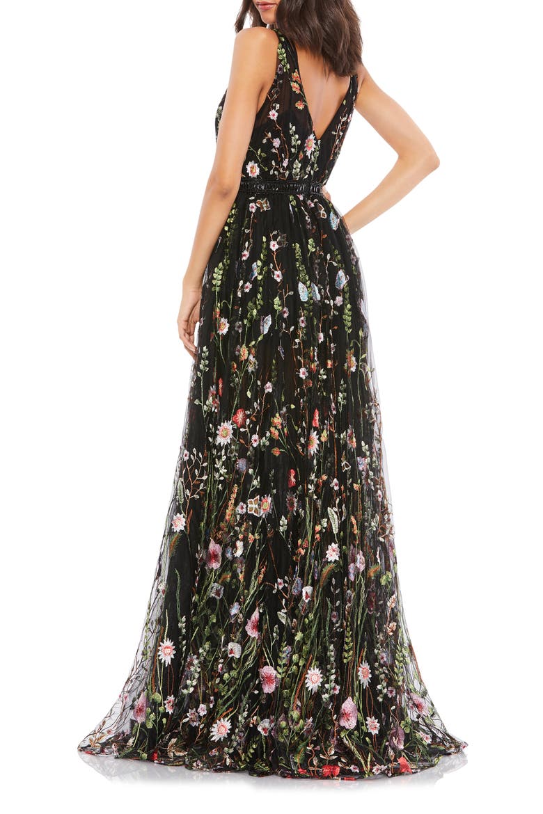 Floral Embroidered A-Line Gown, Alternate, color, BLACK MULTI