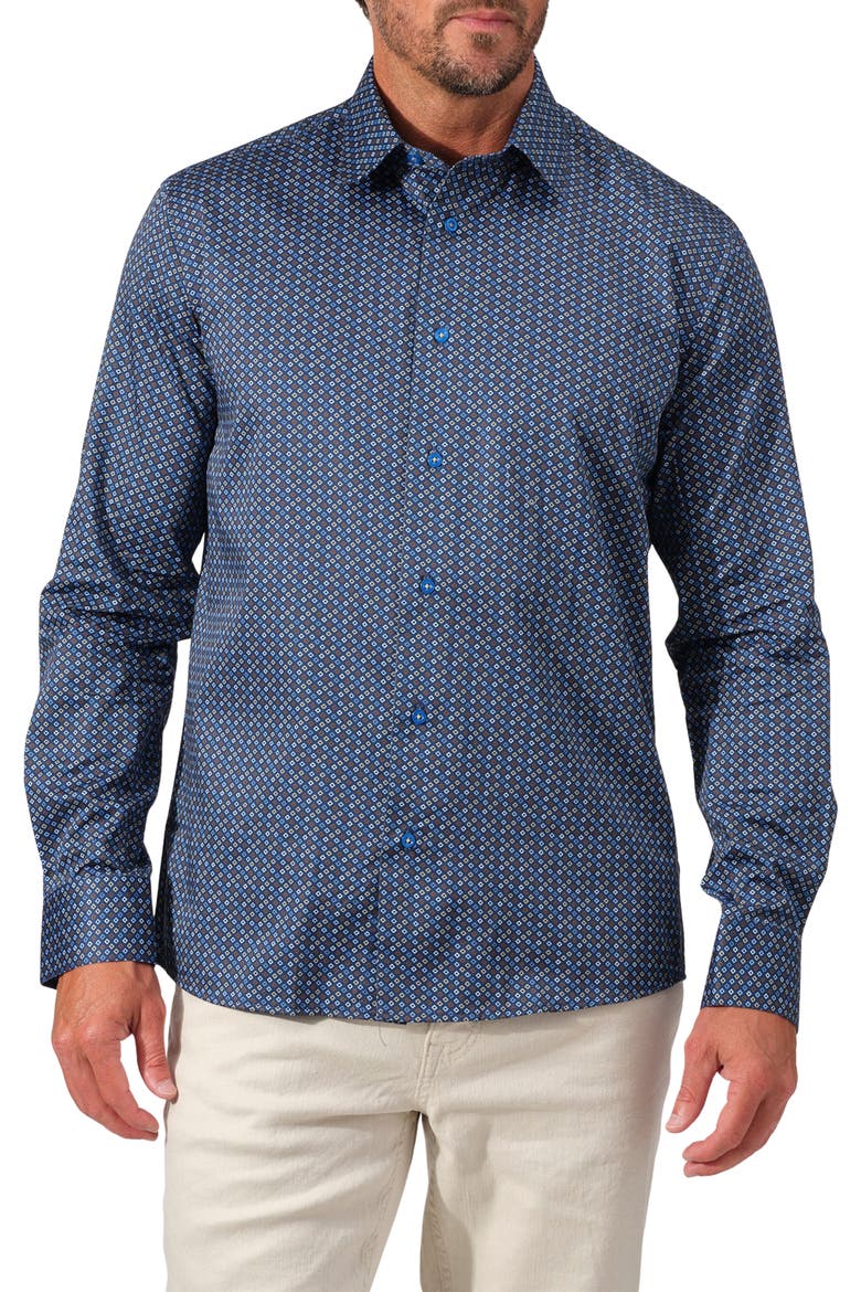 Mosaic Print Cotton Button-Up Shirt, Main, color, NAVY