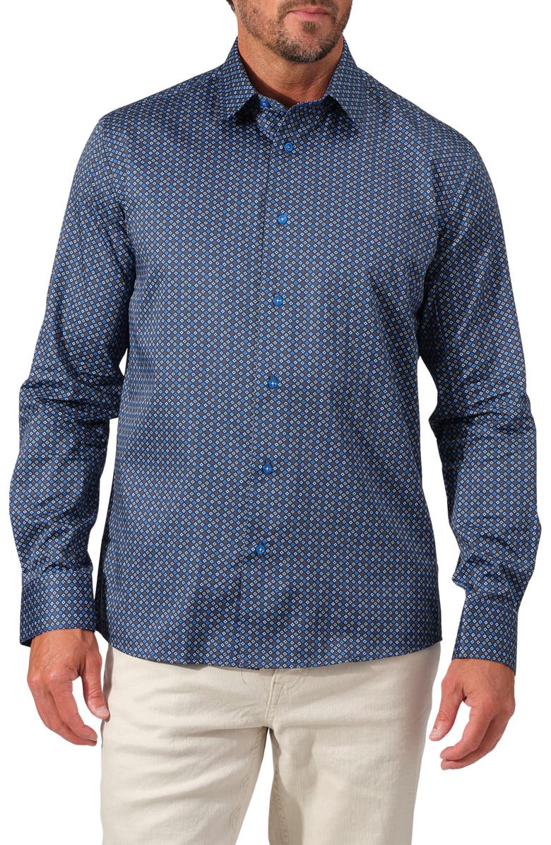 STUDIO GARNET LOS ANGELES Mosaic Print Cotton Button-Up Shirt, Main, color, Navy