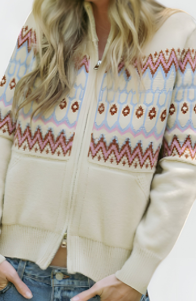 Modenaire Fair Isle Zip Cardigan with Ribbed Trim, Alternate, color, Fair Isle