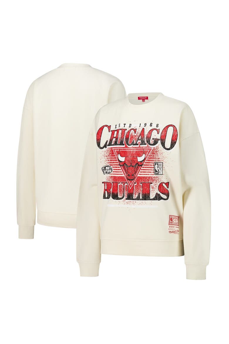 Women's Mitchell & Ness Cream Chicago Bulls Oversprayed Pullover Sweatshirt, Main, color, Cream