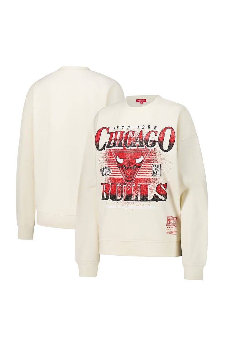 Mitchell & Ness Women's Mitchell & Ness Cream Chicago Bulls Oversprayed Pullover Sweatshirt, Main, color, Cream
