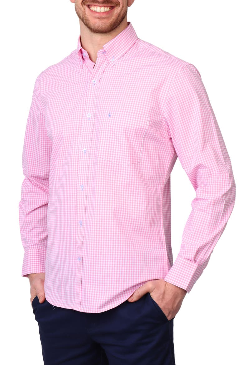 Gingham Stretch Cotton Button-Up Shirt, Alternate, color, LIGHT PINK