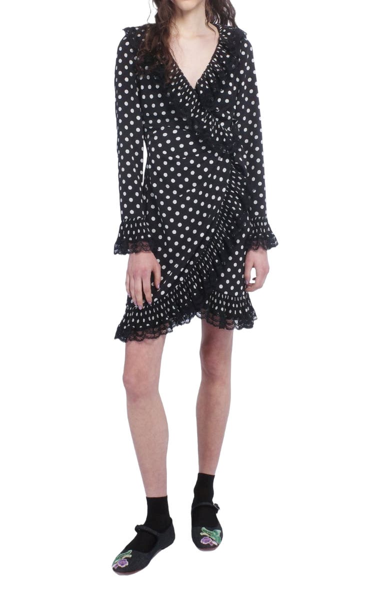 Anna Sui Polka Dot Pleated Wrap Dress, Main, color, Black Muti
