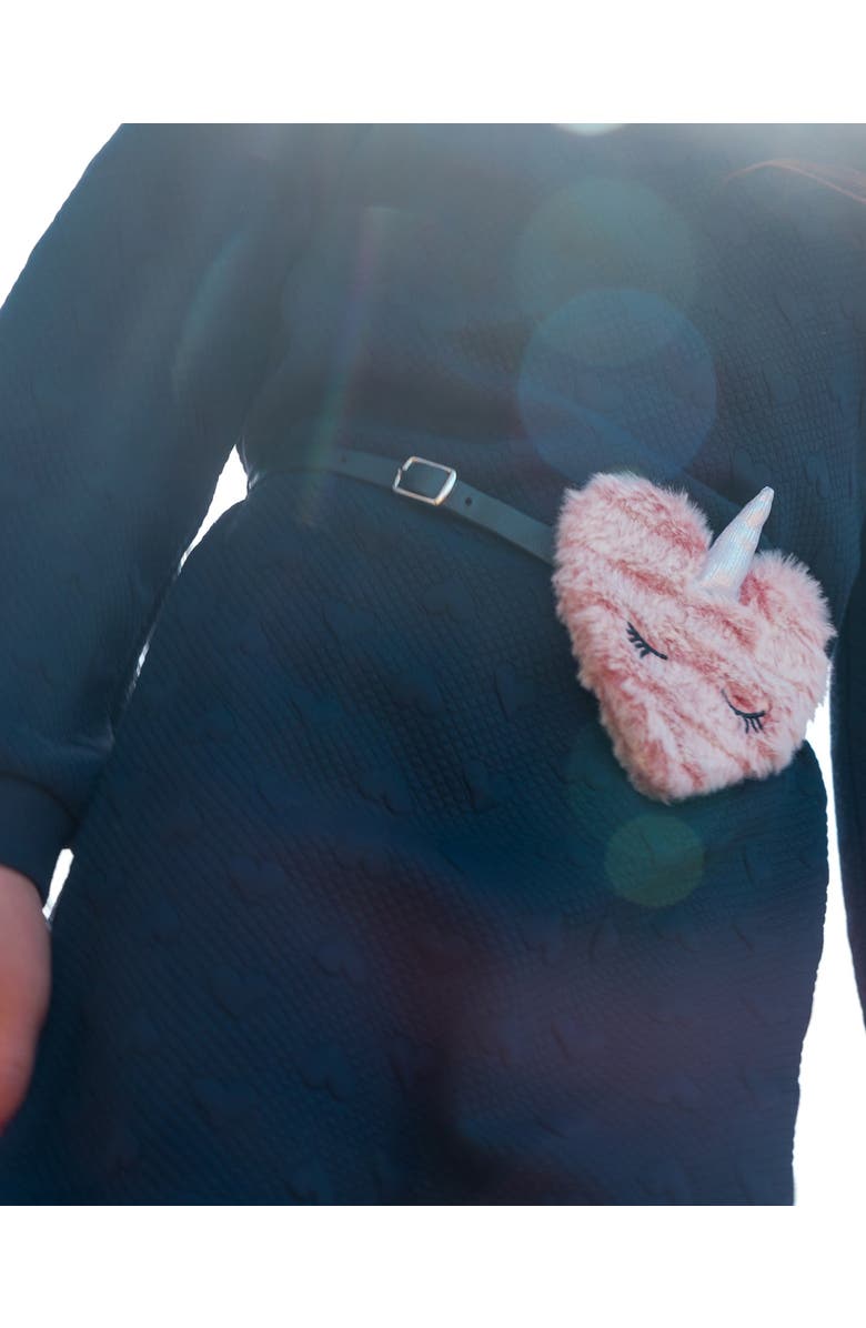 Deux par Deux Little Girl's Quilted Heart Fleece Dress With Belt Navy, Alternate, color, 