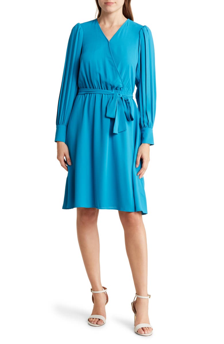 Anne Klein Pleated Long Sleeve Wrap Dress, Main, color,
