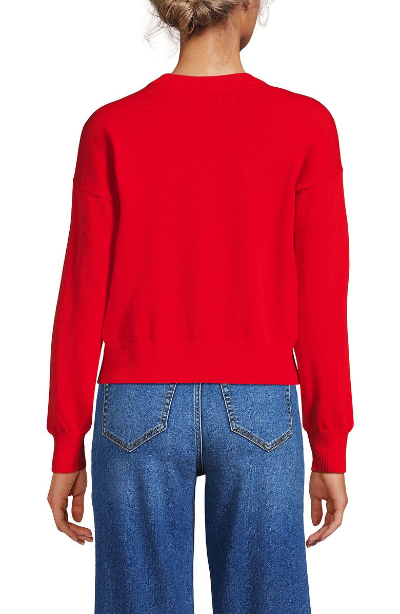 Lands
End Cropped Fine Gauge Crew Neck Cardigan Sweater, Alternate, color, Coral Red