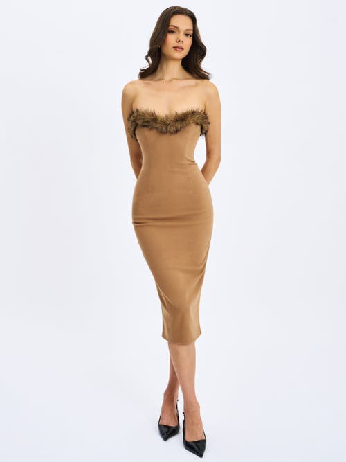 Miss Circle Rayanne Strapless Fur-trimmed Sweetheart Maxi Dress In Brown