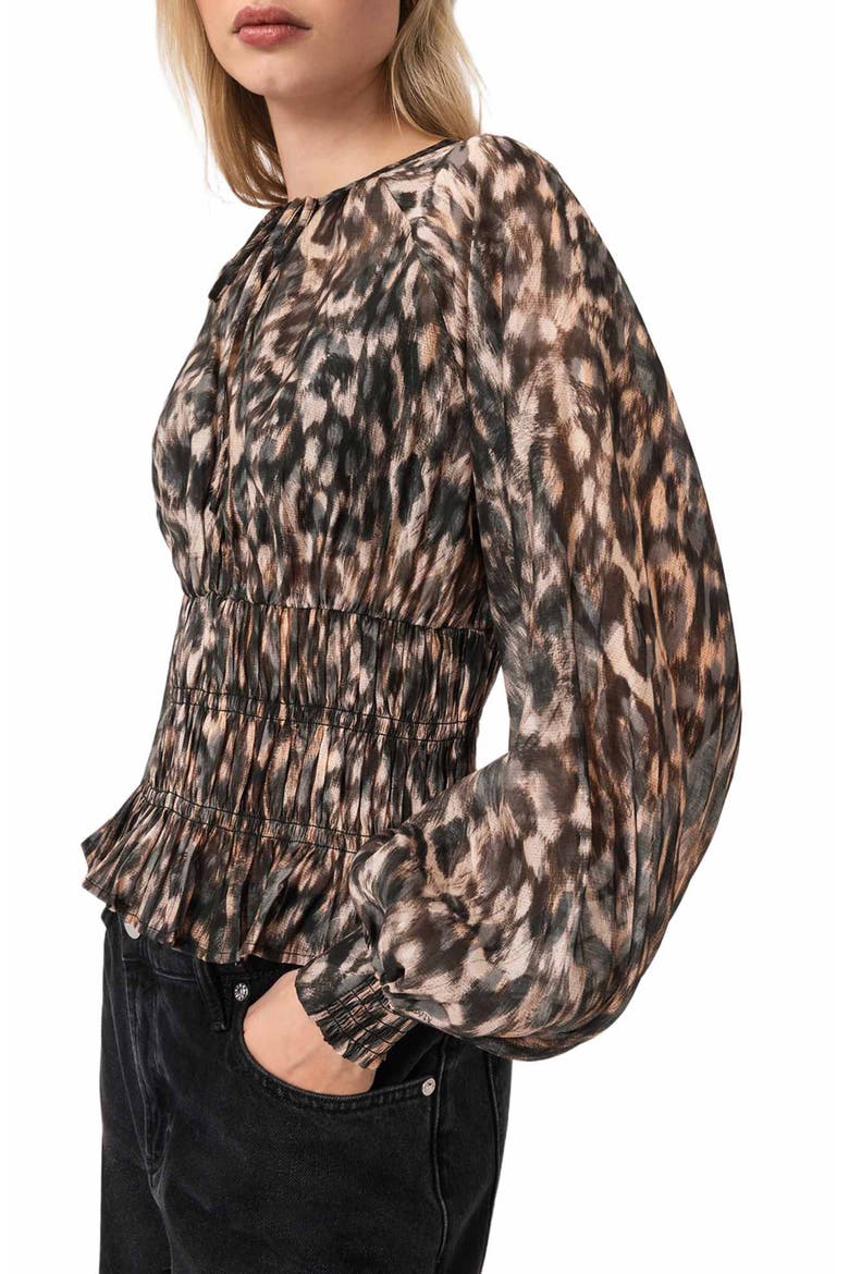 Cern Print Smocked Top, Alternate, color, PROWL GOLDEN BROWN