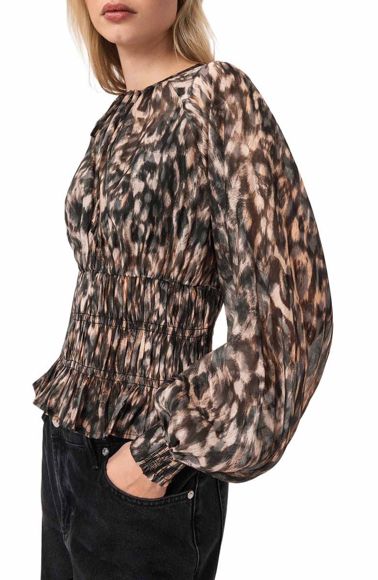 AllSaints Cern Print Smocked Top, Alternate, color, Prowl Golden Brown