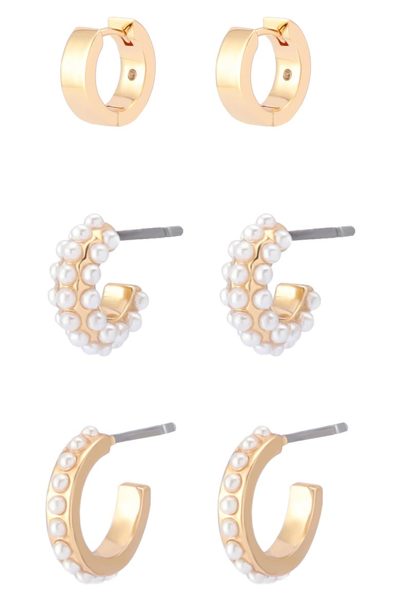Set of 3 Assorted Hoop Earrings, Main, color, GOLD/ WHITE