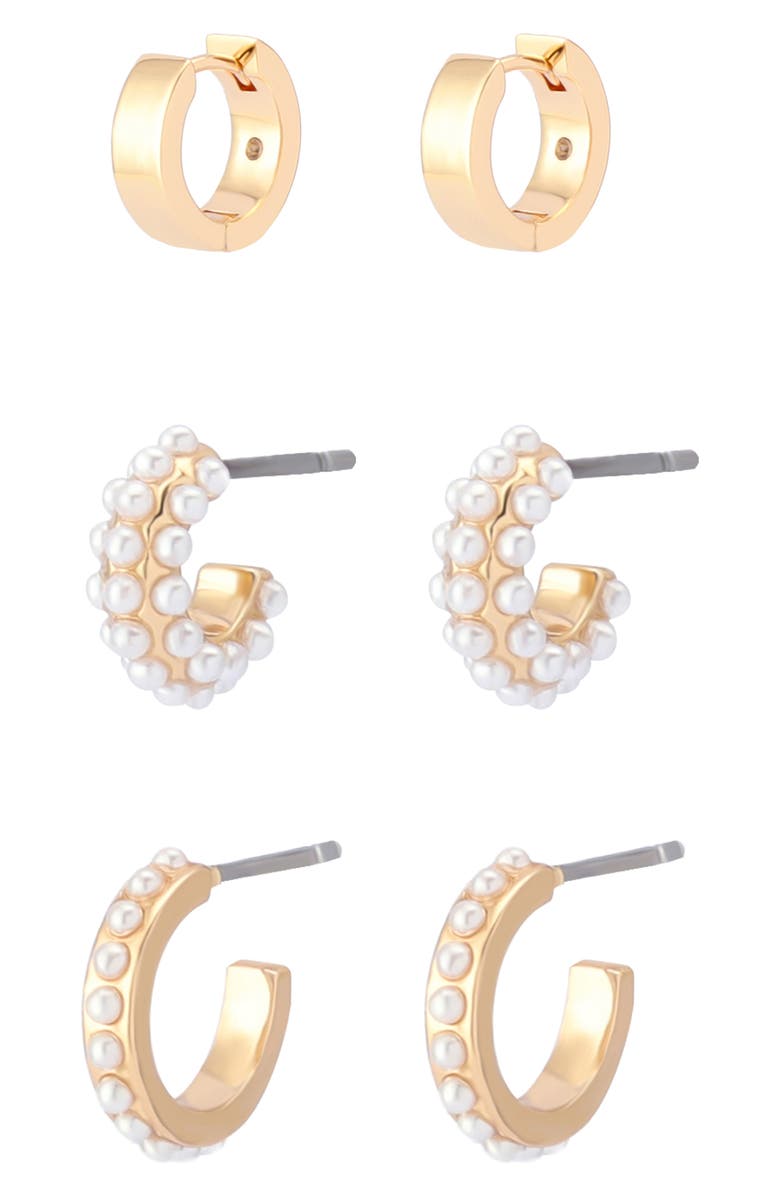 AllSaints Set of 3 Huggie Hoop Earrings, Main, color, Gold