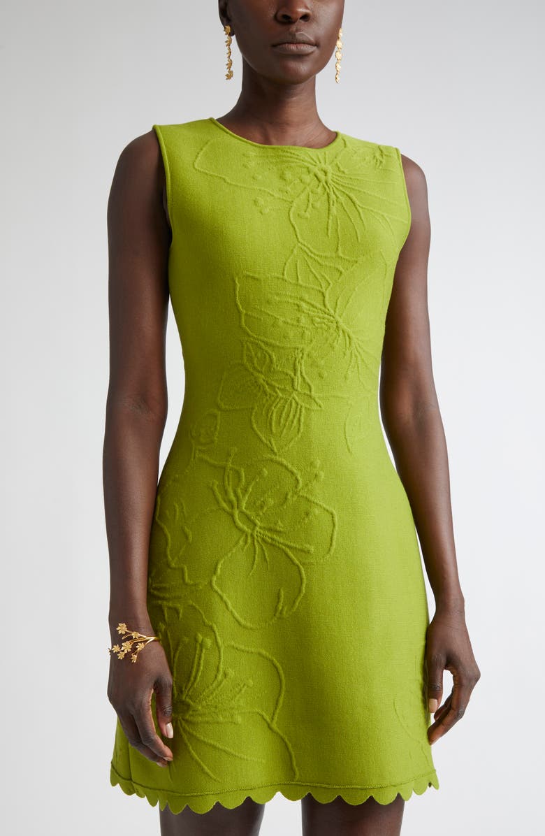 Oscar de la Renta Cherry Blossom Embossed Sleeveless Dress, Alternate, color, Fern