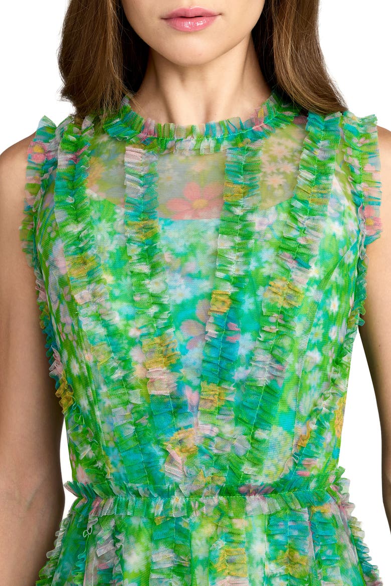 Mesh Micro Ruffle High Neck Floral Mini Dress, Alternate, color, Green Multi