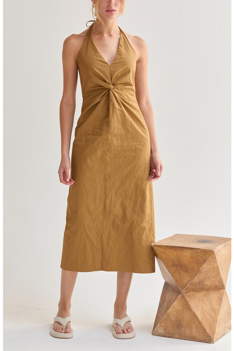 Crinkled Woven Halter Midi Dress, Main, color, Golden Tan
