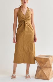 CRESCENT Crinkled Woven Halter Midi Dress