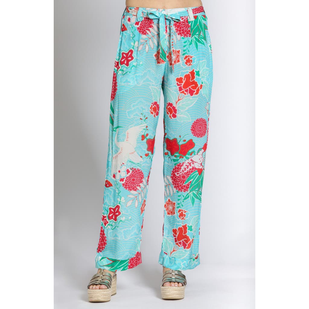 Apny Belted Print High Waist Pants In Turquoise Multi