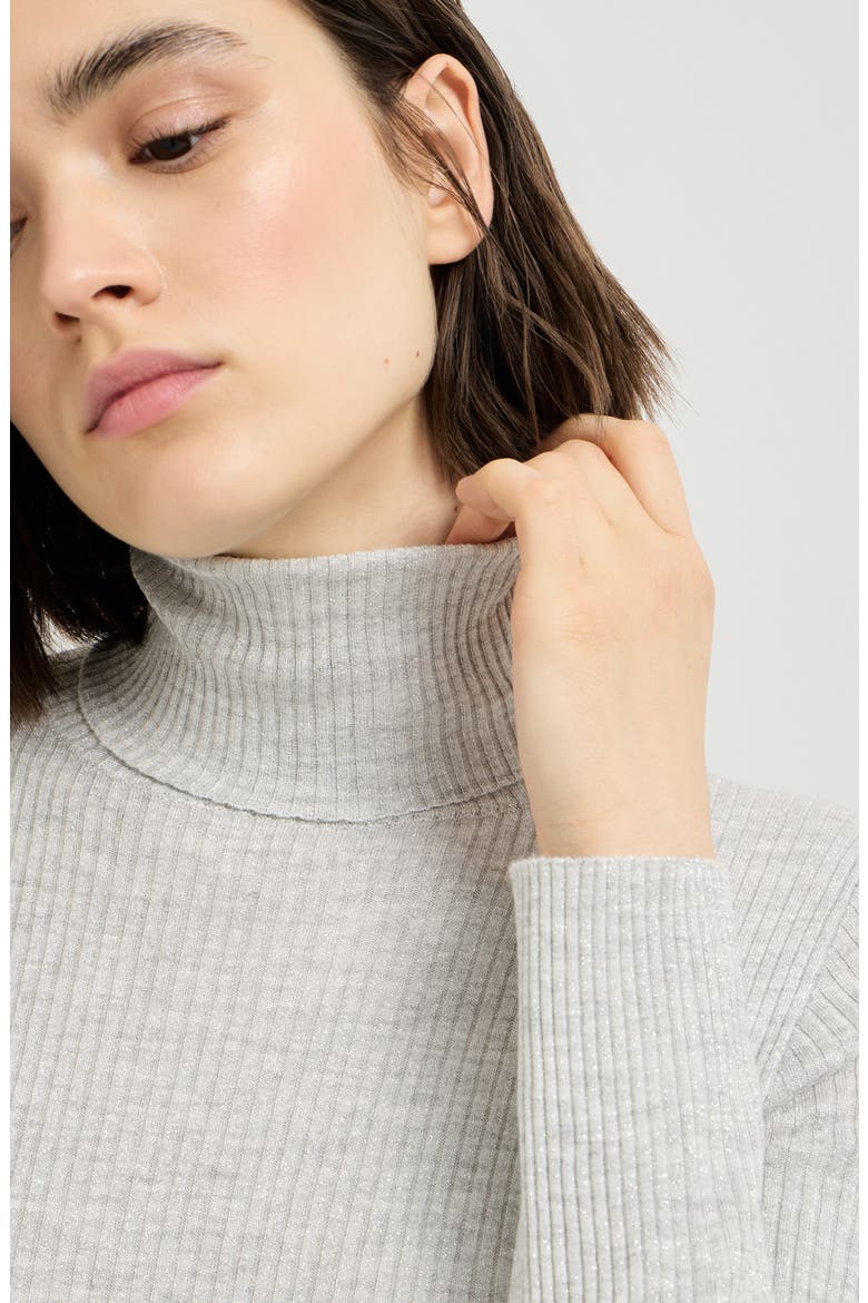 Lightweight turtleneck sweater in sparkling cashmere and silk rib knit, Alternate, color, Light Grey