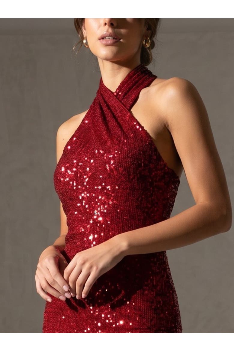 Sequin Harland Halter Midi Dress, Alternate, color, Haute Red