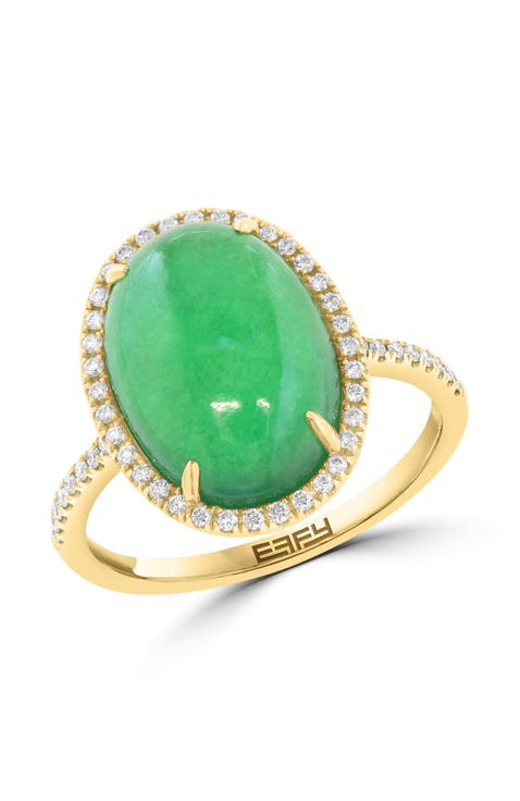 14K Yellow Gold Oval Jade & Pavé Diamond Ring