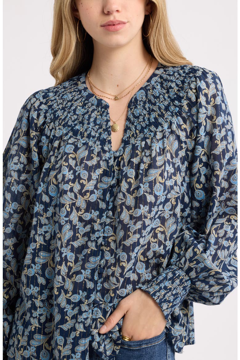 Print Smocked Yoke Button-Up Shirt, Alternate, color, BLUE- IVORY DAINTY PAISLEY