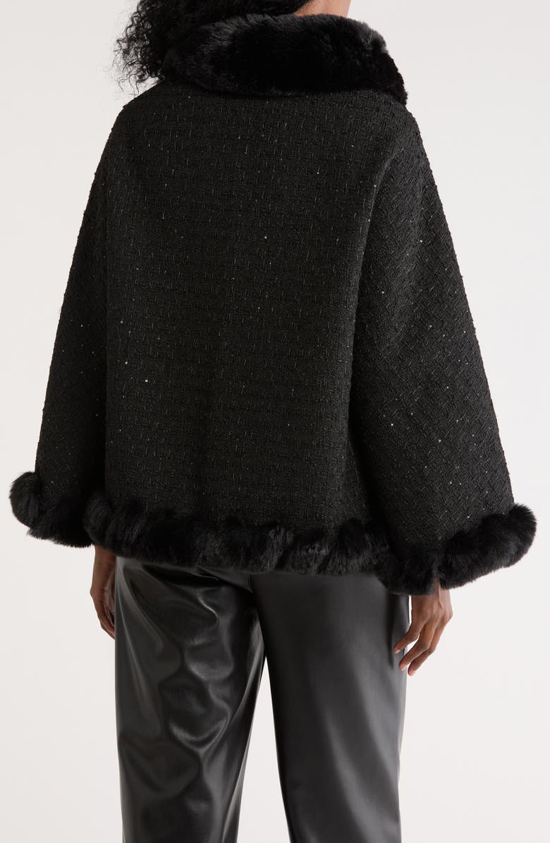 Vince Camuto Sequin Tweed Cape with Faux Fur Trim, Alternate, color, Black