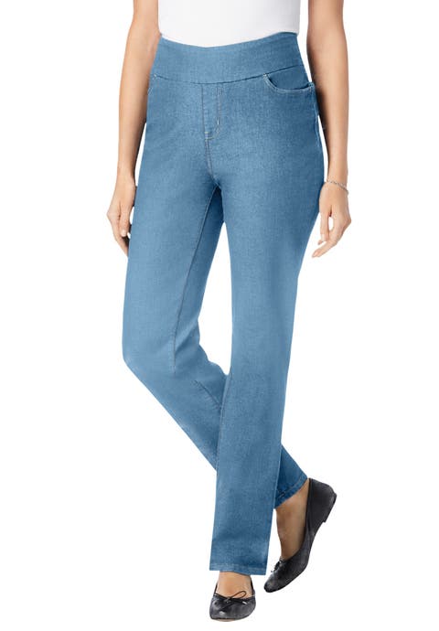 Smooth Waist Pull On Flex Fit Straight Leg Stretch Denim Jeans (plus)