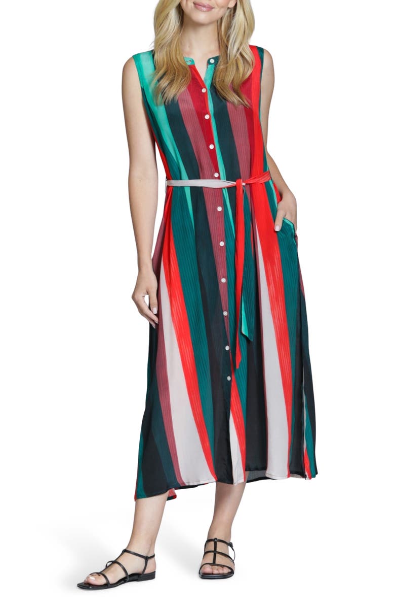 APNY Stripe Belted Midi Shirtdress, Main, color, Red Multi