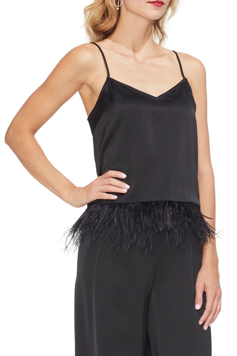 Soft Satin Feather Detail Chiffon Camisole, Main, color, RICH BLACK