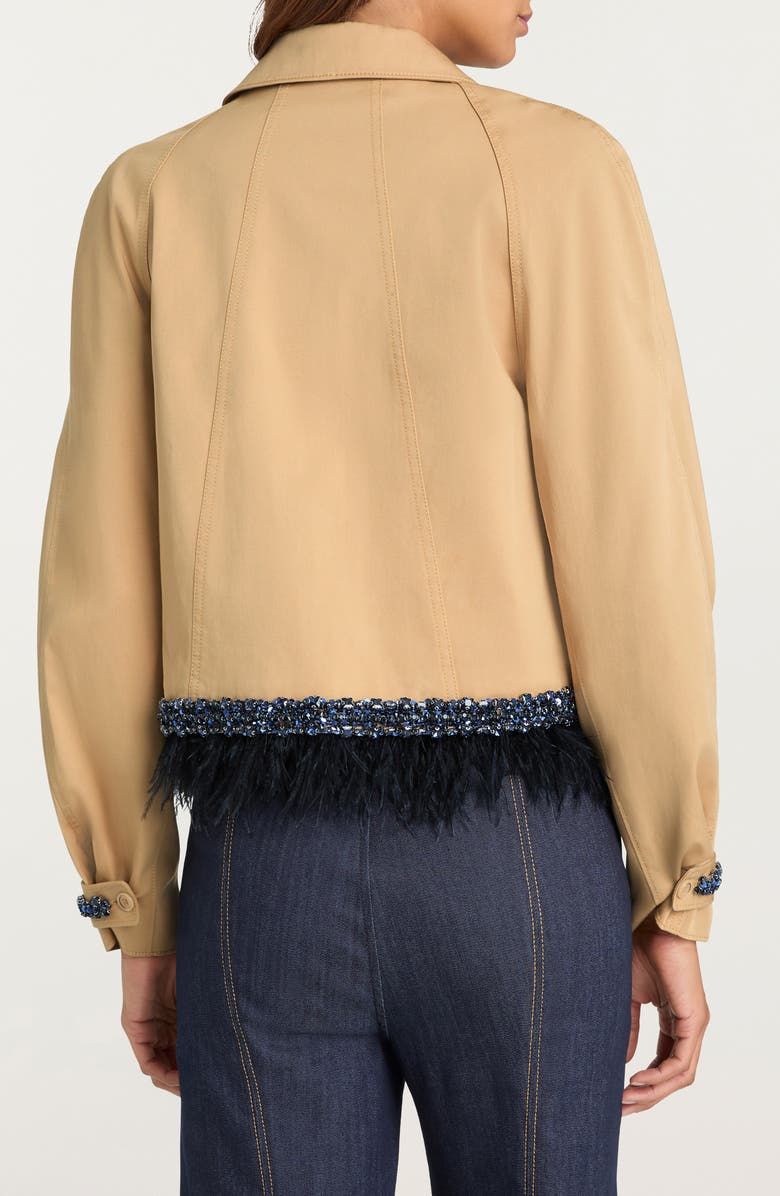Cinq à Sept Carmila Sequin & Feather Detail Crop Trench Coat, Alternate, color, Khaki/ Navy