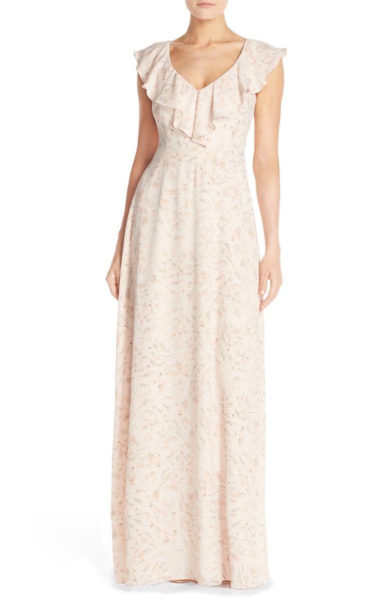 Paper Crown by Lauren Conrad Print Crepe Ruffle V-Neck Gown, Main, color, 
