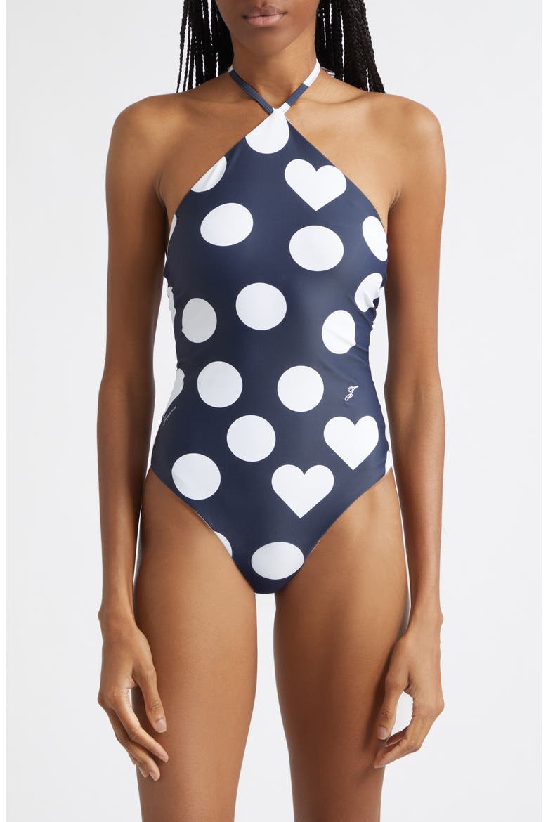 Le Bastide One-Piece Halter Swimsuit, Main, color, PRINT DOTS HEART NAVY