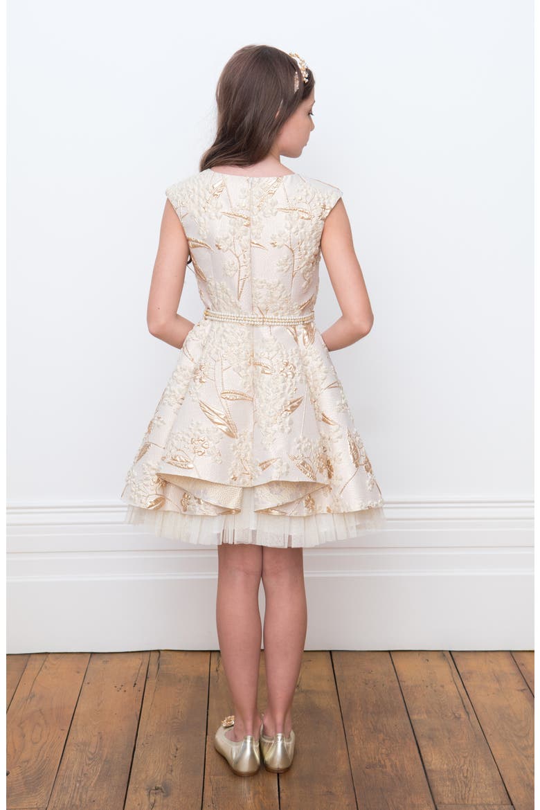 Brocade & Imitation Pearl Belted Fit & Flare Dress, Alternate, color, IVORY