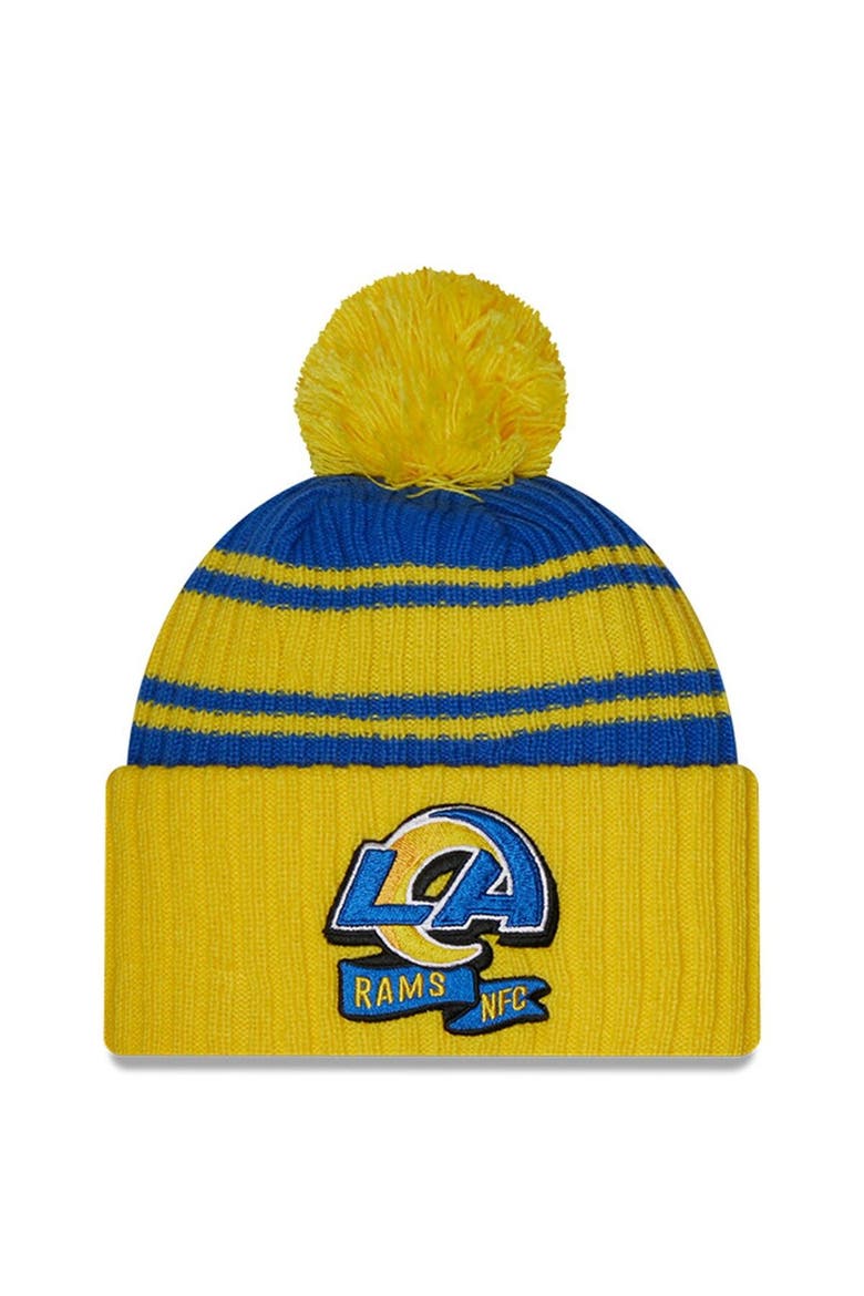 Men's New Era Blue/Gold Los Angeles Rams 2022 Sideline Cuffed Pom Knit Hat, Main, color, Blue