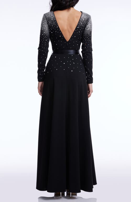DRESS THE POPULATION DRESS THE POPULATION ACACIA RHINESTONE TIE WAIST LONG SLEEVE GOWN
