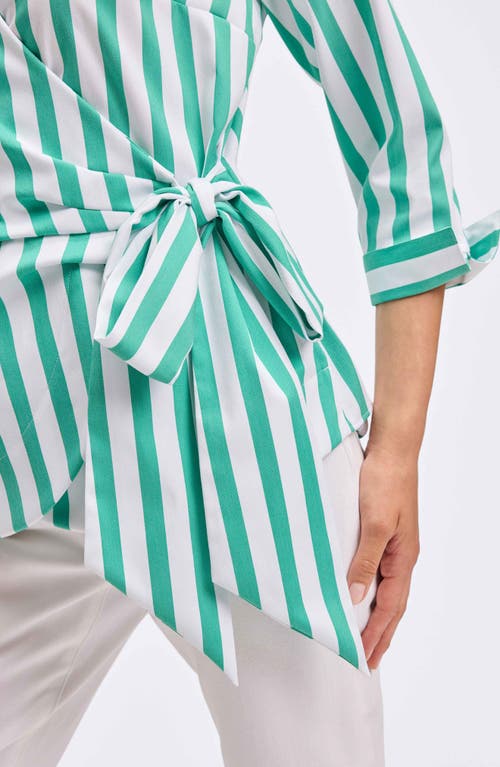 Foxcroft Salina Stripe Cotton Blend Wrap Shirt In Green