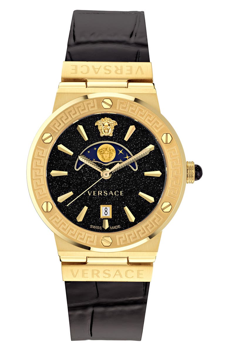 Versace Greca Logo Leather Strap Watch, 38mm, Main, color, 
