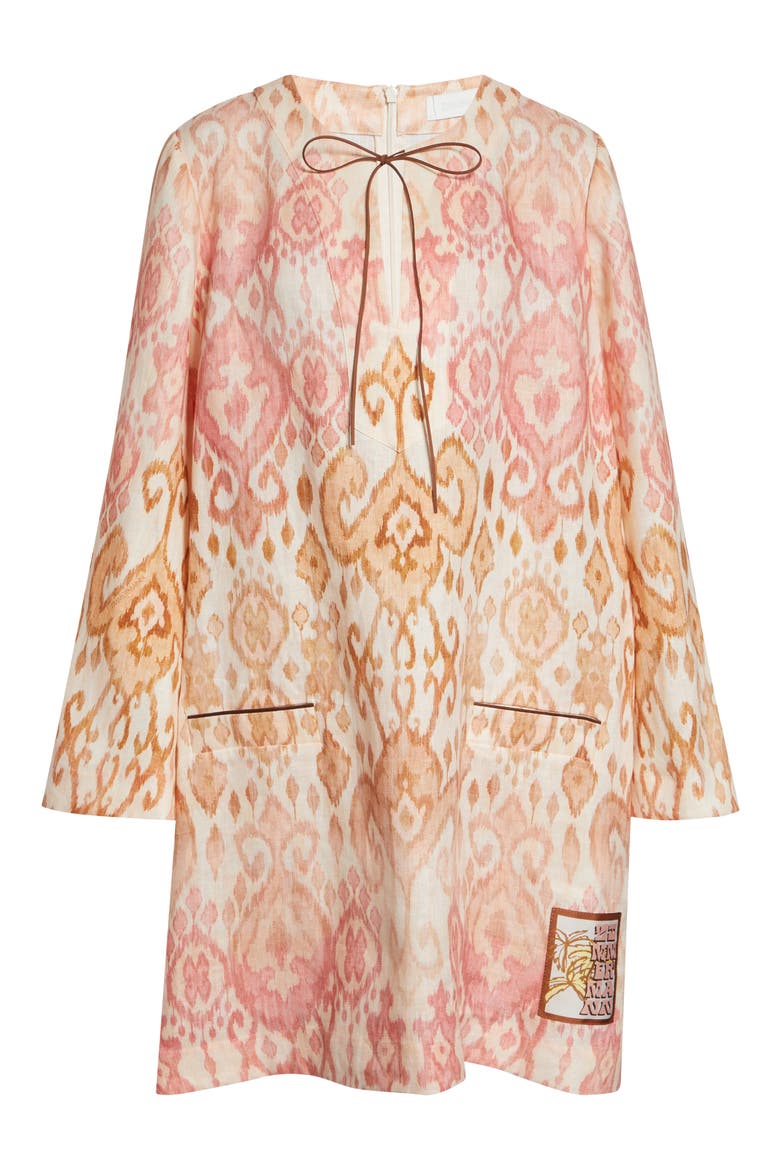 Aster Print Long Sleeve Linen Shift Dress, Alternate, color, PINK IKAT