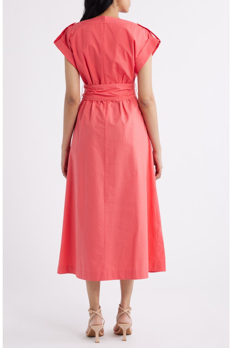 Ladder Stitch Embroidered Tie Belt Cotton Poplin Midi Dress, Alternate, color, CORAL