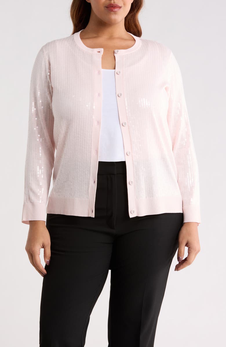 Anne Klein Clear Sequin Cardigan, Main, color, Soft Blossom