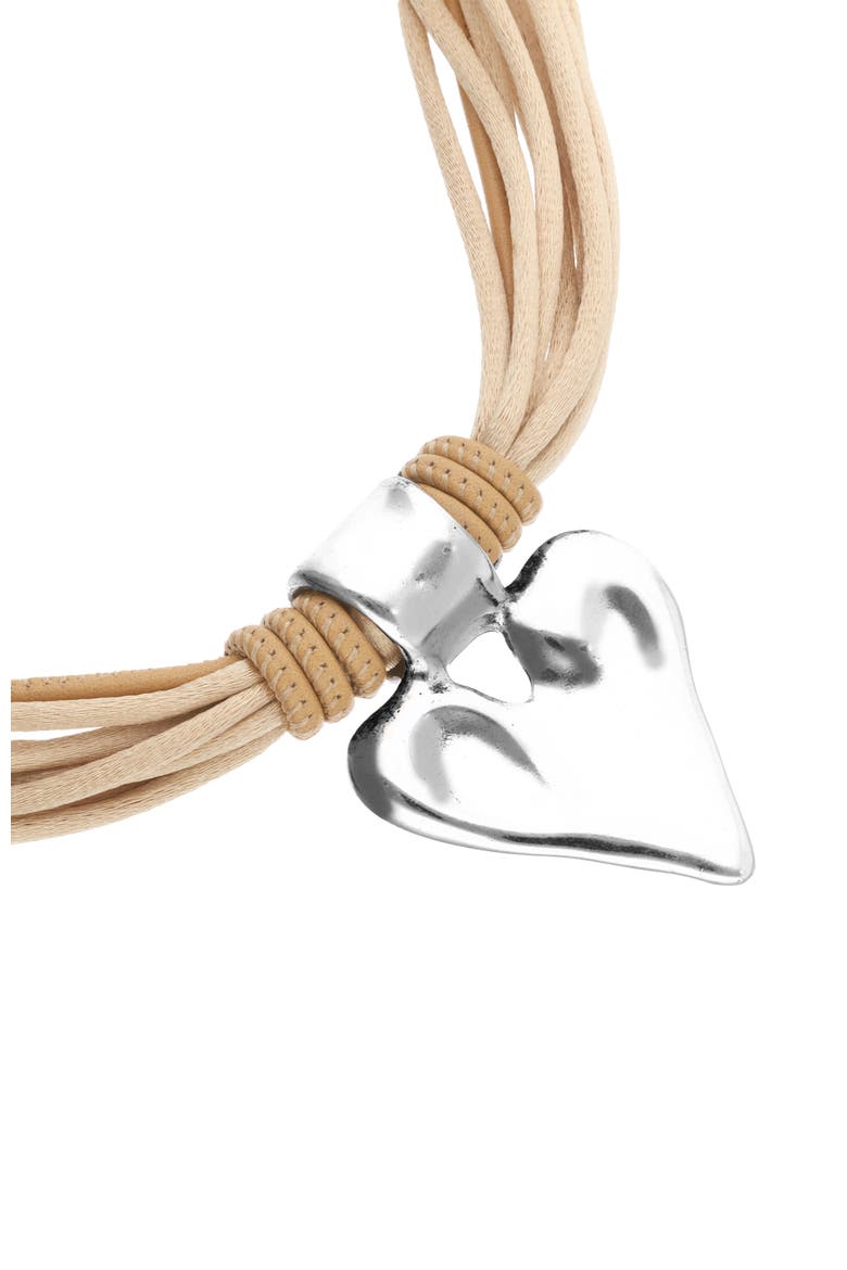 Silk Thread Blend Necklace With Leather And Heart Detail In Sterling Silver, Alternate, color, Silver/Beige