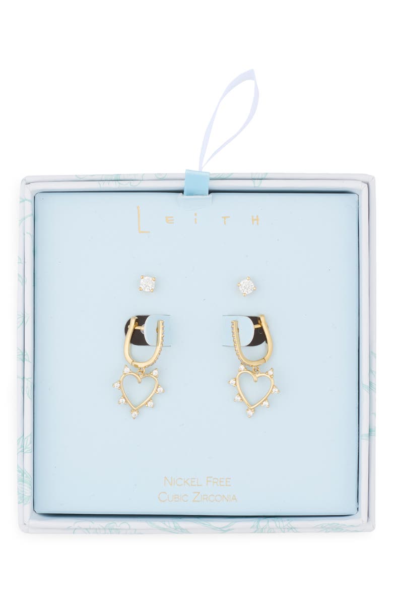 Leith Assorted 2-Pack Cubic Zirconia & Open Heart Drop Earrings, Main, color, Clear- Gold