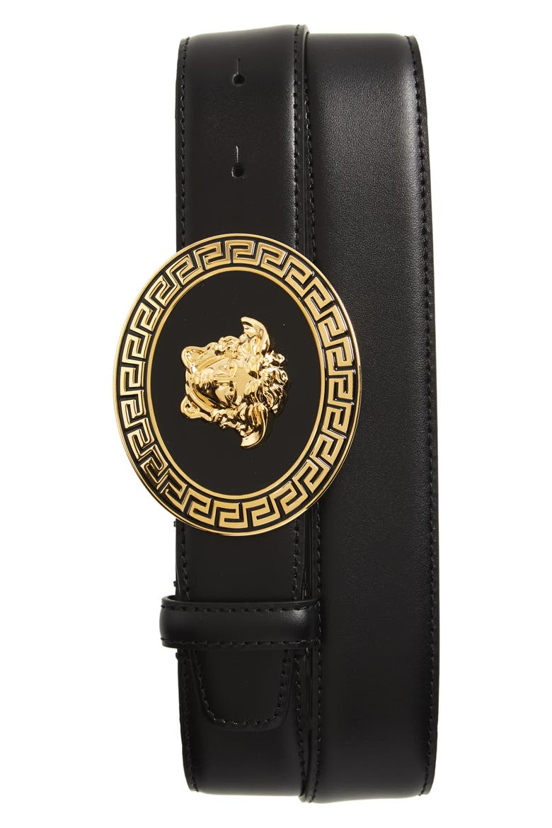 Oval Medusa Leather Belt, Main, color, D41OH BLACK/GOLD
