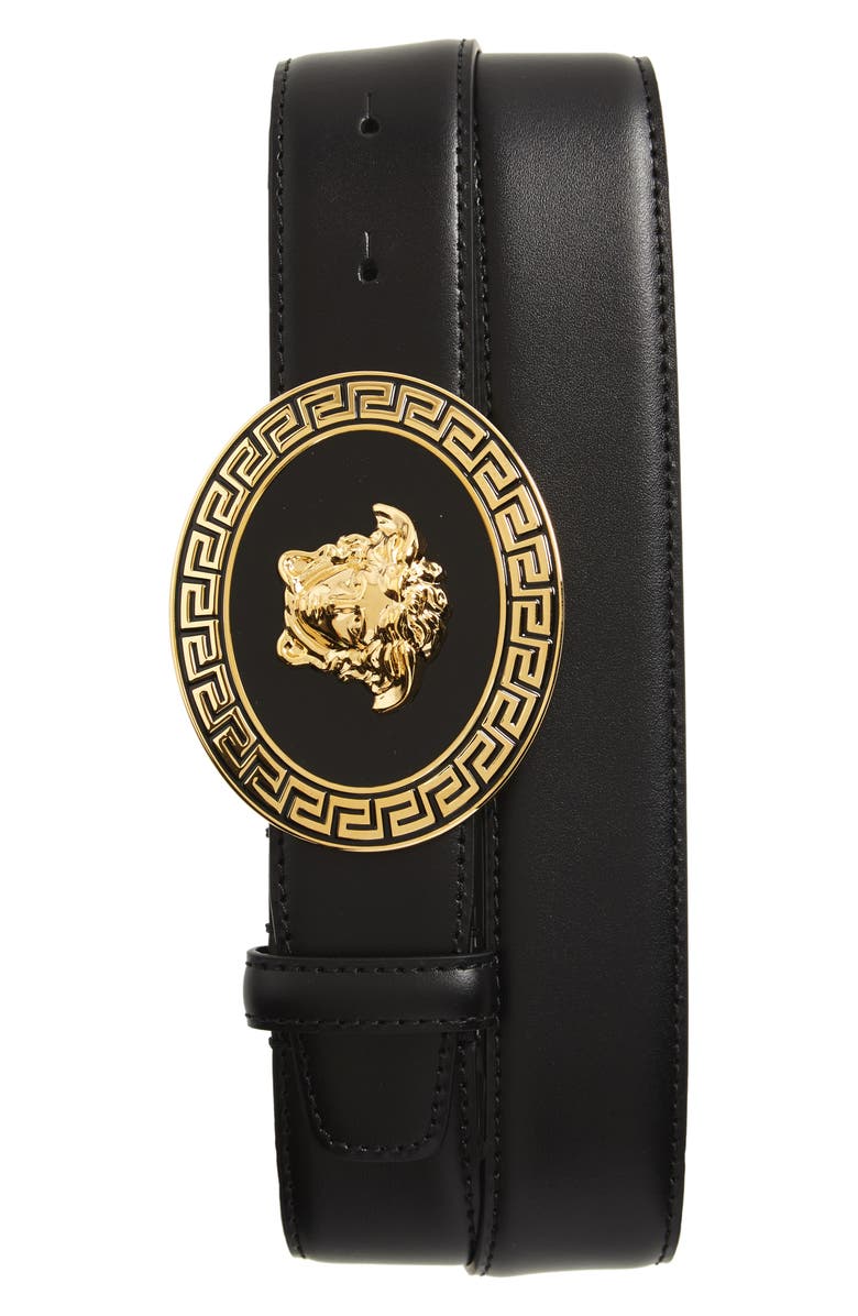 Versace Oval Medusa Leather Belt, Main, color, 