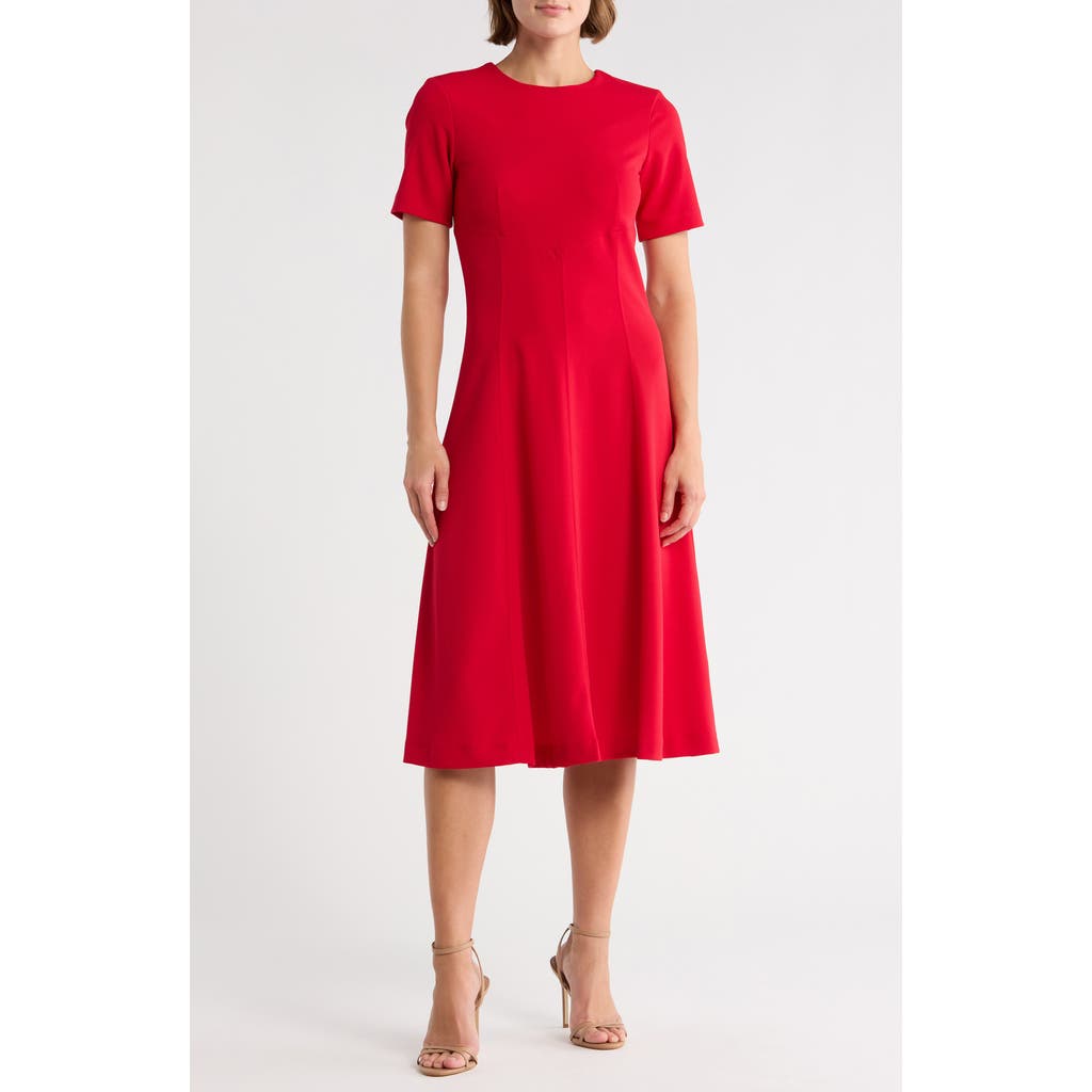 Dkny Short Sleeve Jewel Neck Suede Midi Dress In Red